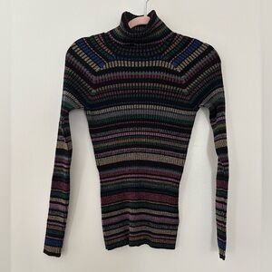 Milly Black Metallic Color Striped Turtleneck Ribbed Sweater Size Small